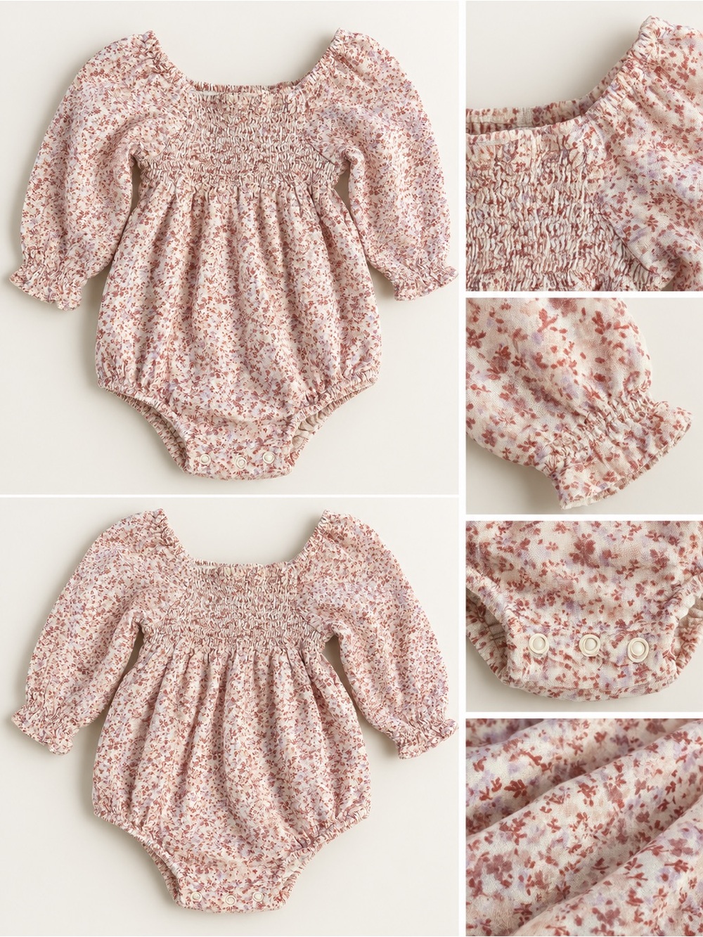 Cat & Jack Pink Floral Smocked Long-Sleeve One-Piece Bodysuit